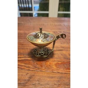 Vtg Miniature Brass Zodiac Incense Burner & Enameled Astrological Signs Israel